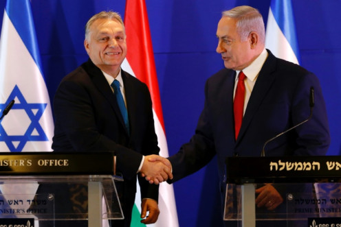Hungarian Prime Minister Viktor Orban (L) and Israeli Prime Minister Benjamin Netanyahu during a 2019 meeting in Jerusalem
