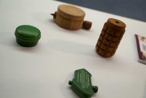 Replicas of antipersonnel landmines prohibited under the Mine Ban Treaty sit on a table at the office of Human Rights Watch in Washington, DC