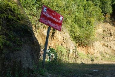 A sign reading "Warning, prohibited area - Land mines - Danger" alongside a road in Mantong town, northern Shan State