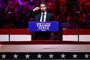 US comedian Tony Hinchcliffe speaks during a campaign rally for former US president and Republican presidential candidate Donald Trump at Madison Square Garden in New York on October 27, 2024